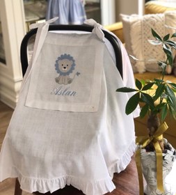 Resim Keten Puset Örtüsü Aslanlı Gri/Mavi - Bebek İsim Baş harfleri 