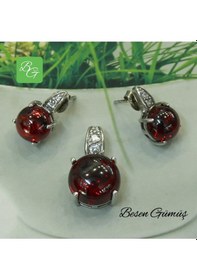 Resim Kırmızı Bombeli Taşlı Set Rose Gold - Gümüş 