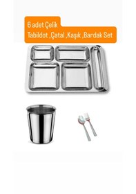 Resim 24 Parça Piknik Kahvaltılık Çelik Tabildot Set 6 Adet Tabldot,6 Adet Bardak,6 Adet Çatal, Kaşık gümüş 
