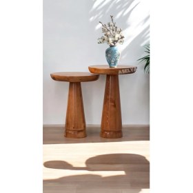 Resim Ahşap 2'li Set Mantar Yan Sehpa Modern Açık Ceviz Fiskos Zigon Çiçeklik 