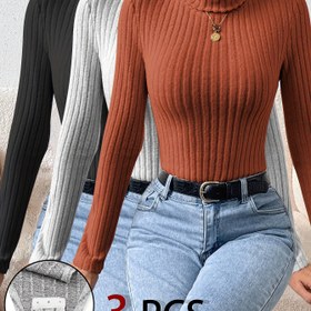 Resim 3'lü Kadın Şık Yüksek Yaka Body - Yumuşak Peluş Uzun Kollu, Ribanalı Dokulu Üstler, Düz Renk, Sonbahar/Kış için Günlük ve Şık, Cadılar Bayramı ve Noel için Mükemmel, Cadılar Bayramı Kıyafeti | Yüksek Yaka Body | Peluş Dokulu 