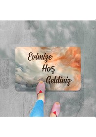 Resim Dijital Baskılı Hoş Geldiniz Yazılır Desenli Dekoratif Dış Kapı Önü Ve Iç Mekan Paspası Yıkanabilir Turuncu 