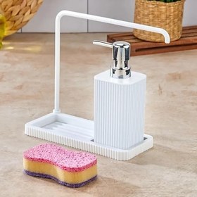 Resim Promosyonca Modern Mutfak Sıvı Sabunluk Seti, Plastik, Askılı Tasarım, 20.5x20x9 cm, Damlalıklı Stand (Beyaz) 