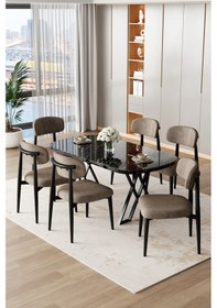 Resim Canisa Jolin Serisi Mdf 90x168 Siyah Mermer Desen Masa Takımı 6 Cappucino Metal Sandalye Siyah Mermer Desen Masa, Cappucino Sandalye 