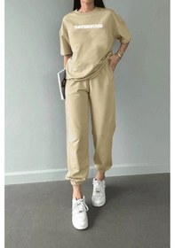 Resim Thatssofetch T-shirt Eşofman Altı Jogger - Bej Baskı Alt Üst Eşofman Takımı Oversize Bisiklet Yaka Bej 