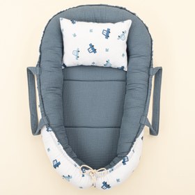 Resim Babynest ve Yastık- Çift Taraflı - Koyu Mavi Petek - Mavi Arabalar 
