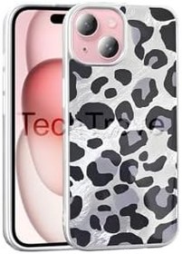 Resim Apple İphone 15 Kılıf İpeksi Desenli Tasarımlı Kamera Koruma Çıkıntılı A+ Kalite Kapak Gri Leopar 