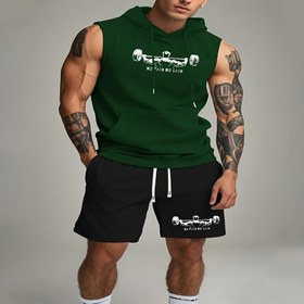 Resim Erkekler için "No Pain No Gain" Grafik Tank Top & Şort Seti - Kaldırma Tasarımı ile Kırmızı Kapüşonlu, Cep Detaylı Siyah Şort, Rahat Spor ve Plaj Giyimi, Spor Giyim|Rahat Spor Giyim|Poliester Kumaş 