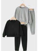 Resim Fyk Kids 2'li Düz Yuvarlak Yaka Unisex Eşofman Takımı Siyah - Gri 