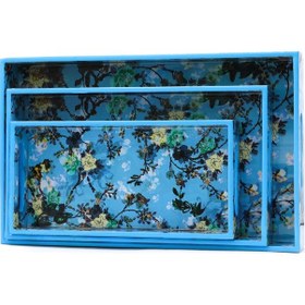Resim Çiçek Desenli Mavi Ahşap Tepsi Seti Büyük Boy 
