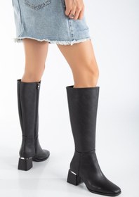 Resim CANPOLATAYAKKABI ELSAM Siyah Diz altı şık ve rahat topuklu kare burun kadın çizme 