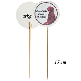 Resim 15 Cm Uzun Kürdan - 20 Adet Kişiye Özel Yuvarlak Bayraklı Kına Hatırası Pasta Kürdanı -2 