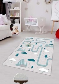 Resim Pelangi Gri Trafik Yollu Ve Fiğürlü Yıkanabilir Kaymaz Taban Leke Tutmazbebek Ve Çocuk Odası Halısı, Gri-Mavi 80 x 150, 90135710280150 