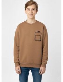 Resim Baskı Detaylı Bisiklet Yaka Erkek Çocuk Sweatshirt-90912 Kahverengi 