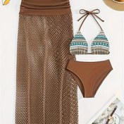 Resim Moda Seksi Sırtı Açık Halter Etnik Baskılı Yüksek Bel Oymalı Etek Bikini Üç Parçalı Set 