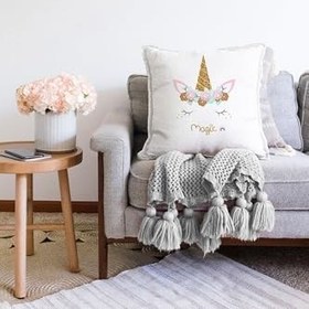 Resim RealHomes Çift Taraflı Beyaz Zeminde Magic Unicorn Tasarımlı Çocuk Odası Raşel Örme Yastık Kırlent Kılıfı, Sonil-K4328-43x43cm 