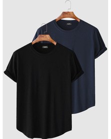 Resim 2'li Erkek Lacivert-siyah Kolları Katlı Oval Kesim Cepsiz Bisiklet Yaka T-shirt Lacivert-siyah 