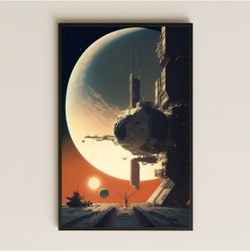 Resim Güneş Sistemi Manzaralı Uzay Üssü Pleksi Tablo - Fütüristik Bilimkurgu Dekoru 
