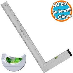 Resim Su Terazili Alüminyum L Gönye Cetvel Ölçme Ölçüm Kaynak Kaynakçı Marangoz Gönyesi 400 mm 40 cm 