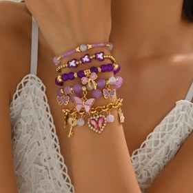 Resim 1 Set 5 Bohemian Vintage Moda Mor Cam Boncuk Kolye Seti - Kelebek, Kalp, Anahtar, Kilit ve Tassel Pendentlerle - DIY Katmanlama Kombinasyonu, Sevgililer Günü, Anneler Günü ve Her Gün Giyme için Mükemmel, Festive Kolye Seti | Vintage İlhamlı Tasarım | Dayanıklı Boncuk Malzemesi, Bohemian Kolye 