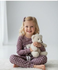 Resim Kız Çocuk Pamuklu Ekose Desenli Ayıcıklı Pijama Takımı-16826 Mor 