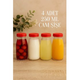 Resim 4 Adet 250 ml Şeffaf Sürahi Süt, Ayran, Su, Limonata, Meşrubat Şişesi Plastik Kapaklı Cam Şişe 