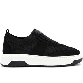Resim Men's Black Leather Detailed Lace Up Fabric Sneaker 