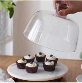 Resim Akayev Mermer Beyaz 25 Cm Ahşap Boncuk Ayaklı Cam Fanus - Ekmek Ve Kek Standı - Pasta Standı Beyaz 