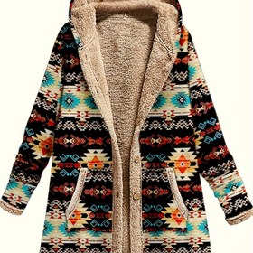 Resim Avrupa ve Amerikan Kadın Sıcak Peluş Baskılı Kapüşonlu Sweatshirt Ceket Rahat Mont 