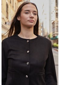 Resim Kadın Esnek Süet Kumaş Sıfır Yaka Flato Cepli Uzun Kol Blazer Ceket-siyah Siyah 