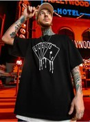 Resim Büyük Beden Kart Baskılı Düz Renk Kısa Kollu Bisiklet Yaka Tişört Gündelik Giyim - Siyah -vlmr Siyah 