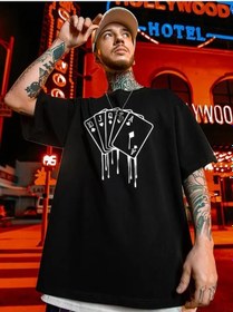 Resim Büyük Beden Kart Baskılı Düz Renk Kısa Kollu Bisiklet Yaka Tişört Gündelik Giyim - Siyah -vlmr Siyah 