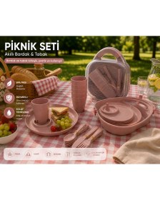 Resim Hanımevi Piknik Seti Çantalı - 6 Kişilik Tabak Bardak Çatal Kaşık Seti | Süzgeç Kapaklı Taşınabilir Kamp Seti 