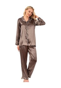 Resim Ahu Biyeli Uzun Kol Saten Önden Düğmeli Pijama Takımı Haki 7647 Haki 
