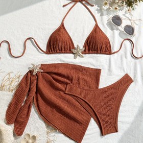 Resim Kadınlar için Düz Renk Seksi Bikini Üç Parça Mayo Seti, Dokulu Alt, Dantelli Detay ve Denizyıldızı Süslemesi - Yüksek Esneklikli Polyester Karışımı, Makinede Yıkanabilir, Yeniden 