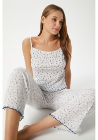 Resim Ritnice Kadın June Askılı Mavi Minik Çiçekli Alt Üst Pijama Takımı Ekru - Mavi 