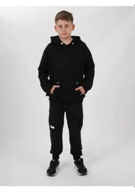 Resim Zekids Çocuk Beli Paçası Lastikli Kargo Cepli Eşofman Alt-14805 Siyah 