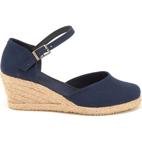 Resim Gerçek Elişi Topuğu Kapalı Bilekten Bantlı Keten Espadril Dolgu Topuk Handmade Lacivert 