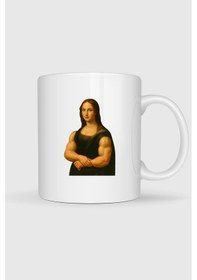 Resim Mona Lisa Tablosu Kaslı Fitness Baskılı Kupa Bardak beyaz 