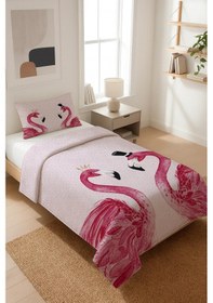 Resim Flamingo Desenli Kadife Kumaş Kapitoneli Tek Kişilik Yatak Örtüsü Seti 2 Parça Tky0040 Çok Renkli 