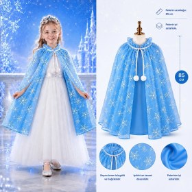 Resim Varyant Store Kar Tanesi Desenli Mavi Elsa Pelerini - Astarlı Frozen Pelerini 85 cm 