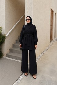 Resim bellura V Yaka Gül Broşlu Kemerli Balon Kollu Pileli Lastikli Pantolonlu Dabıl Takım 