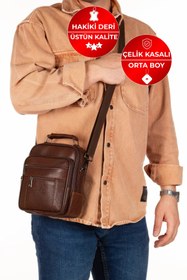 Resim CERFF LEATHER CLUP Kahverengi Hakiki Deri & Çelik Kasalı Orta Boy Erkek El & Omuz Çantası 