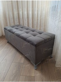 Resim Çizgi Kapitoneli Sandıklı Puf 110 Cm Gümüş Ayak Antrasit 