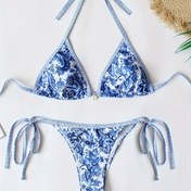 Resim Mavi ve Beyaz Porselen Kadın Moda Bikini Mayo 