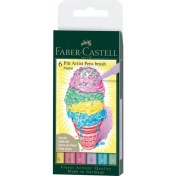 Resim Faber-Castell Pitt Çizim Kalemi Fırça Uçlu 6'lı Pastel Renk Seti, Suya Dayanıklı Mürekkep 