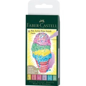 Resim Faber-Castell Pitt Çizim Kalemi Fırça Uçlu 6'lı Pastel Renk Seti, Suya Dayanıklı Mürekkep 
