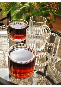 Resim 6'lı Boncuklu Cam Bardak Kupa Kulplu Çay Bardağı Sunum -320 Ml 