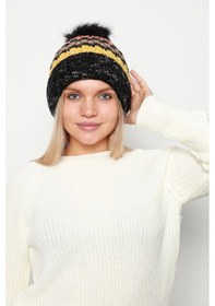 Resim Ponpon Detay İçi Yünlü Renkli Örme Kadın Bere Rkş-23 Siyah Siyah 