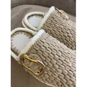 Resim Pembe portakal örgü bej ev terliği panduf 